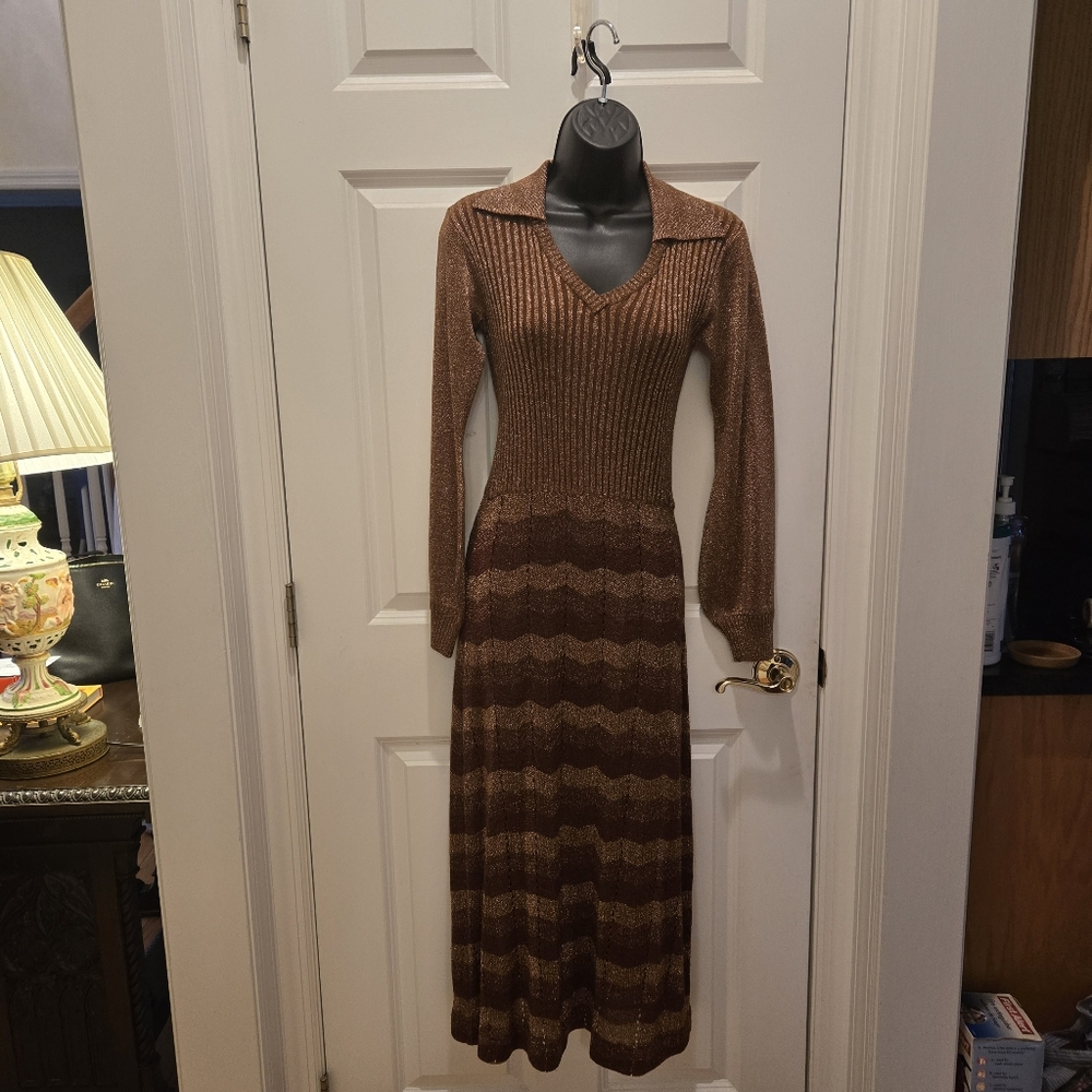 Vintage 70’s Wenjilli Maxi Dress S Long Sleeve Metallic Knit Collar Rib Striped